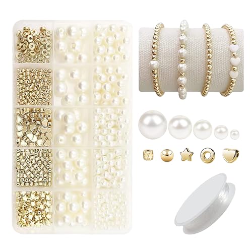 770 Perlen Mit 1 Rolle Perlenschnur, Armband Perlen, Perlen Armband Machen, Für Die Herstellung Von Halskette Armband Perlen, DIY-Ohrringe, Etc. (Beige) von MEMOFYND