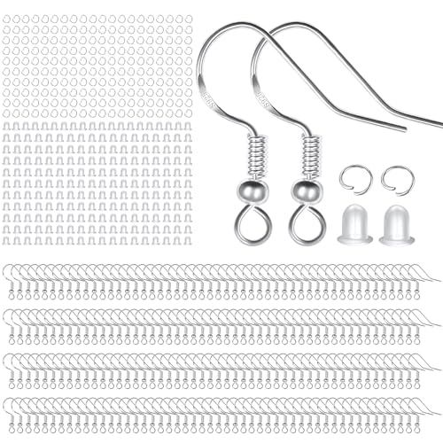 Ohrringhaken aus 925er-Sterlingsilber, 600-teiliges Ohrring-Set, 200 Stück/100 Paar, hypoallergene Ohrdrähte mit 200 silbernen offenen Biegeringe und 200 Stück Gummi-Verschlüsse für die Ohrringhaken aus 925er-Sterlingsilber, 600-teiliges Ohrring-Set, 200 Stück/100 Paar, hypoallergene Ohrdrähte mit 200 silbernen offenen Biegeringe und 200 Stück Gummi-Verschlüsse für die von MENKEY