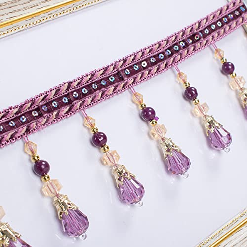 Nähte Aufkleber, DIY handgefertigte Zubehör, 12 Yards Geflochtene Kristall Perlen Quaste Fringe Trimmen Hängen Ball Trim Band Vorhang Laterne(Purple) von MENTAM