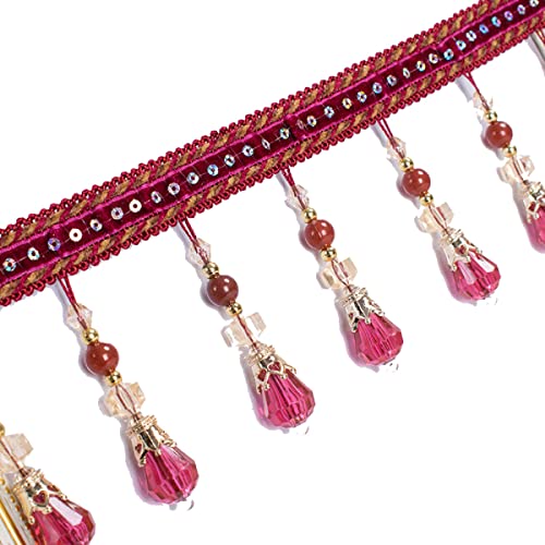 Nähte Aufkleber, DIY handgefertigte Zubehör, 12 Yards Geflochtene Kristall Perlen Quaste Fringe Trimmen Hängen Ball Trim Band Vorhang Laterne(Wine Red) von MENTAM