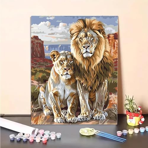 Löwe Malen Nach Zahlen Tier Malen Nach Zahlen Erwachsene Set Mit Pinseln und Pigment Bastelset Erwachsene DIY Handgemalt Ölgemälde für Deko Schlafzimmer, Geschenke für Frauen (30x40cm) PJY2 P-B von MEOSUEWI