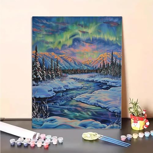 Malen Nach Zahlen Erwachsene Aurora, Berg Paint by Numbers DIY Set Mit Pinseln und Pigment Hobby Erwachsene Kreativ für Wohnzimmer, Zimmer Deko Asthetik, Geschenke für Frauen 30x40CM PJY2 I-M von MEOSUEWI