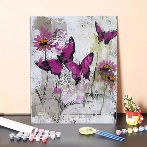 Malen Nach Zahlen Erwachsene Blume, Schmetterling Paint by Numbers DIY Set Mit Pinseln und Pigment Hobby Erwachsene Kreativ für Wohnzimmer, Zimmer Deko Asthetik, Geschenke für Frauen 70x95CM PJY6 8-R von MEOSUEWI