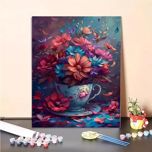 Malen Nach Zahlen Erwachsene Blume, Tasse Paint by Numbers DIY Set Mit Pinseln und Pigment Hobby Erwachsene Kreativ für Wohnzimmer, Zimmer Deko Asthetik, Geschenke für Frauen 80 x 100 cm PJY7 O-4 von MEOSUEWI