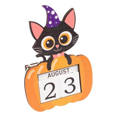 MERIGLARE Halloween Holzschild, Desktop Ornament Kalender mit Beweglichen Ziffernblöcken, Halloween Dekoration für Home Office, Schwarze Katze von MERIGLARE