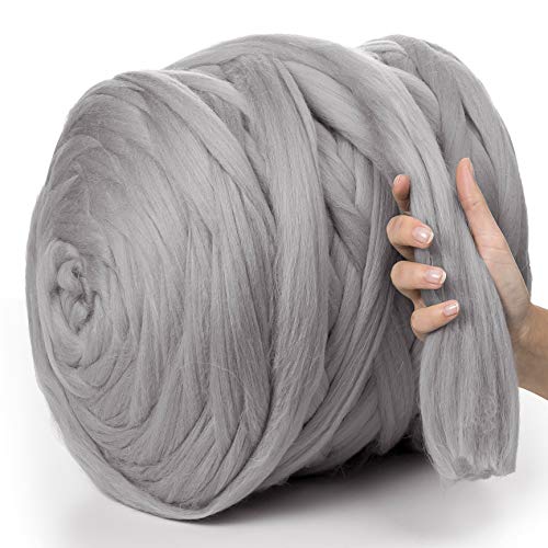 MeriWoolArt® 100% XXL Merino Wolle Garn 4-5 cm Dicke Wolle Garn, Filzwolle Trockenfilzen Nassfilzen, DIY Klobiges Wolle Garn Decke, Decke Baby Wolle, Arm Stricken Decke Garn Hellgrau, 500g von MERIWOOLART