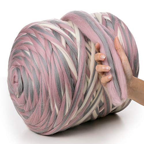 MeriWoolArt® 100% XXL Merino Wolle Garn 4-5 cm Dicke Wolle Garn, Filzwolle Trockenfilzen Nassfilzen, DIY Klobiges Wolle Garn Decke, Decke Baby Wolle, Arm Stricken Decke Garn Pink-Steel Melange, 500g von MERIWOOLART