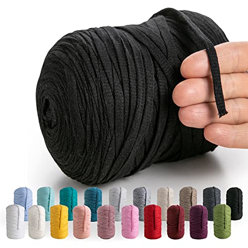 MeriWoolArt® Baumwollgarn Band Schwarz - 10mm T-Shirt Band Garn für Stricken, Makramee, Häkeln, Weben, Geschenkband - 150 m Baumwollband (Schwarz) von MERIWOOLART