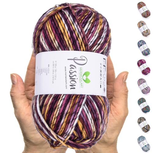 MeriWoolArt® Merino Wolle zum Stricken – 200 m Mehrfarbige Dicke Merinowolle – Weiche Wolle zum Häkeln und Armstricken für Pullover, Schals, Decken, Tücher, DIY Strickprojekte von MERIWOOLART