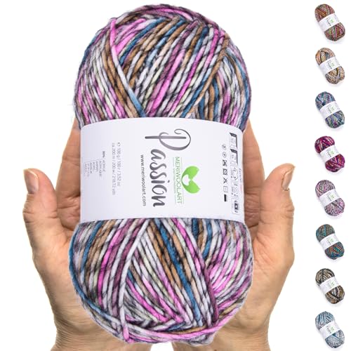 MeriWoolArt® Merino Wolle zum Stricken – 200 m Mehrfarbige Dicke Merinowolle – Weiche Wolle zum Häkeln und Armstricken für Pullover, Schals, Decken, Tücher, DIY Strickprojekte von MERIWOOLART