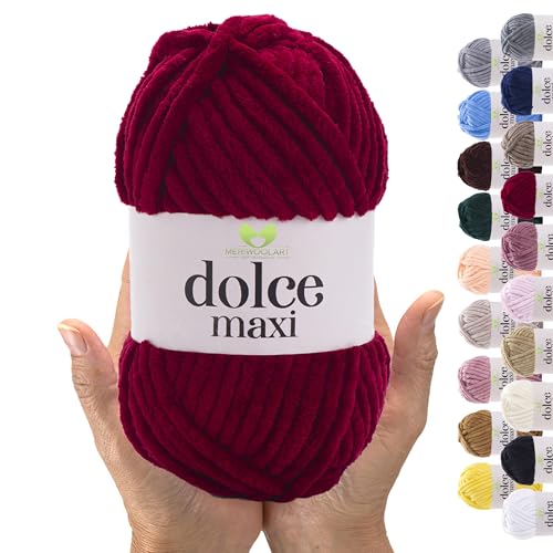 MeriWoolArt® Chenille Wolle Garn zum Stricken und Häkeln Burgunderrot - 200 g und 70 m Samt-Wolle - 100% Flauschige Polyester Strickgarn für Amigurumi, Kissen, Decken und weiche Kleidung Geschenke von MERIWOOLART