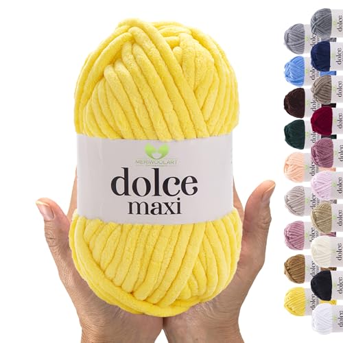 MeriWoolArt® Chenille Wolle Garn zum Stricken und Häkeln Gelb - 200 g und 70 m Samt-Wolle - 100% Flauschige Polyester Strickgarn für Amigurumi, Kissen, Decken und weiche Kleidung Geschenke von MERIWOOLART