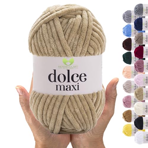 MeriWoolArt® Chenille Wolle Garn zum Stricken und Häkeln Sand - 200 g und 70 m Samt-Wolle - 100% Flauschige Polyester Strickgarn für Amigurumi, Kissen, Decken und weiche Kleidung Geschenke von MERIWOOLART