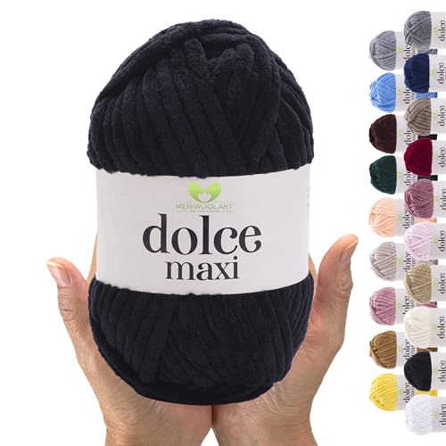 MeriWoolArt® Chenille Wolle Garn zum Stricken und Häkeln Schwarz - 200 g und 70 m Samt-Wolle - 100% Flauschige Polyester Strickgarn für Amigurumi, Kissen, Decken und weiche Kleidung Geschenke von MERIWOOLART