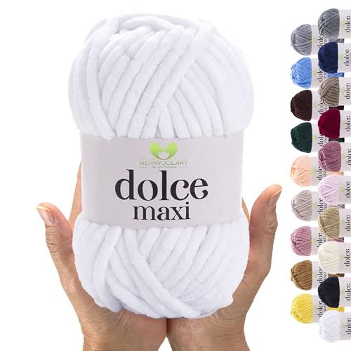 MeriWoolArt® Chenille Wolle Garn zum Stricken und Häkeln Weiß - 200 g und 70 m Samt-Wolle - 100% Flauschige Polyester Strickgarn für Amigurumi, Kissen, Decken und weiche Kleidung Geschenke von MERIWOOLART