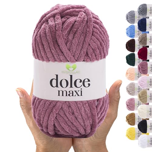MeriWoolArt® Chenille WolleGarn zum Stricken und Häkeln Pflaume - 200 g und 70 m Samt-Wolle - 100% Flauschige Polyester Strickgarn für Amigurumi, Kissen, Decken und weiche Kleidung Geschenke von MERIWOOLART