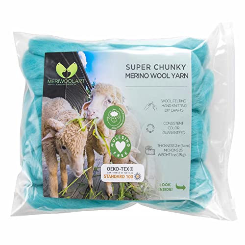 MeriWoolArt® XXL Merino Wolle Garn 100% Schurwolle (4-5cm Stärke), Extra Dicke Filzwolle für Trocken- & Nassfilzen, Armstricken, DIY Decke für Baby & Erwachsene – Azurblau, 25g von MERIWOOLART