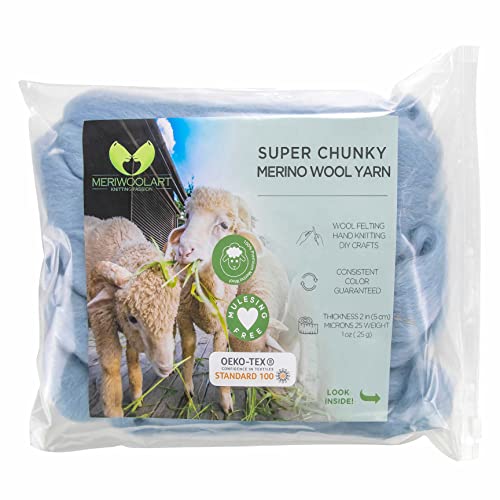 MeriWoolArt® XXL Merino Wolle Garn 100% Schurwolle (4-5cm Stärke), Extra Dicke Filzwolle für Trocken- & Nassfilzen, Armstricken, DIY Decke für Baby & Erwachsene – Baby Blau, 25g von MERIWOOLART