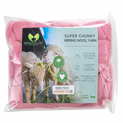 MeriWoolArt® XXL Merino Wolle Garn 100% Schurwolle (4-5cm Stärke), Extra Dicke Filzwolle für Trocken- & Nassfilzen, Armstricken, DIY Decke für Baby & Erwachsene – Hellpink, 25g von MERIWOOLART