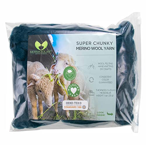 MeriWoolArt® XXL Merino Wolle Garn 100% Schurwolle (4-5cm Stärke), Extra Dicke Filzwolle für Trocken- & Nassfilzen, Armstricken, DIY Decke für Baby & Erwachsene – Meer, 25g von MERIWOOLART