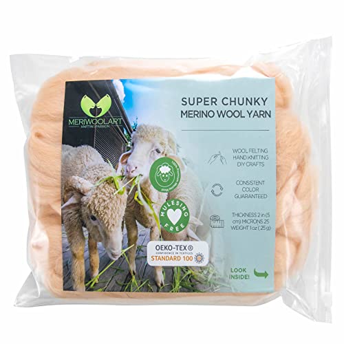 MeriWoolArt® XXL Merino Wolle Garn 100% Schurwolle (4-5cm Stärke), Extra Dicke Filzwolle für Trocken- & Nassfilzen, Armstricken, DIY Decke für Baby & Erwachsene – Nude, 25g von MERIWOOLART