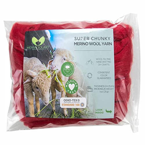 MeriWoolArt® XXL Merino Wolle Garn 100% Schurwolle (4-5cm Stärke), Extra Dicke Filzwolle für Trocken- & Nassfilzen, Armstricken, DIY Decke für Baby & Erwachsene – Rot, 25g von MERIWOOLART