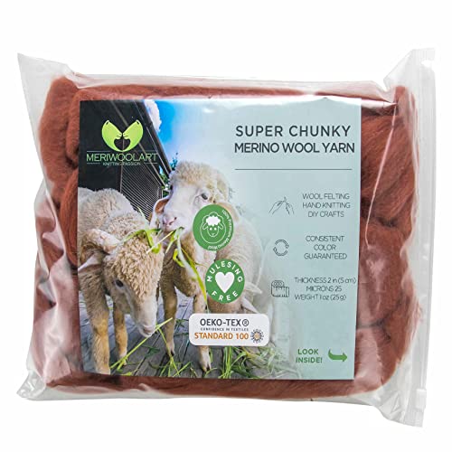 MeriWoolArt® XXL Merino Wolle Garn 100% Schurwolle (4-5cm Stärke), Extra Dicke Filzwolle für Trocken- & Nassfilzen, Armstricken, DIY Decke für Baby & Erwachsene – Terra, 25g von MERIWOOLART