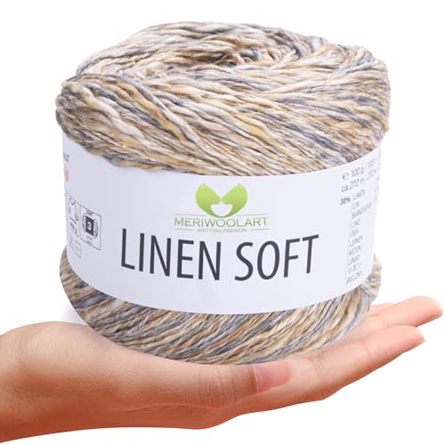 MeriWoolArt® Linen Soft Garn – Premium Naturgarn zum Stricken & Häkeln, 100g Leinengarn Baumwolle Viskose Mischung, atmungsaktiv, weich & umweltfreundlich, ideal für Kleidung, Tücher, DIY 7407 von MERIWOOLART