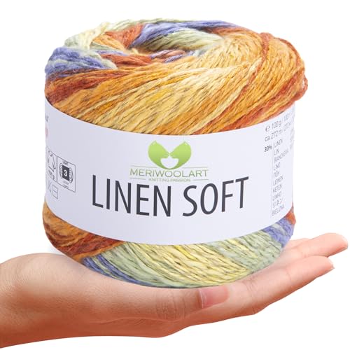 MeriWoolArt® Linen Soft Garn – Premium Naturgarn zum Stricken & Häkeln, 100g Leinengarn Baumwolle Viskose Mischung, atmungsaktiv, weich & umweltfreundlich, ideal für Kleidung, Tücher, DIY 7412 von MERIWOOLART