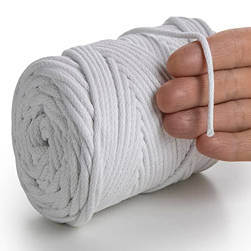 MeriWoolArt® Makramee Garn Weiß 4 mm x 85 m Baumwollkordel, recyceltes weiches Baumwollgarn für das Stricken von Pflanzenhängern, Schmuckherstellung, Häkeltaschen von MERIWOOLART