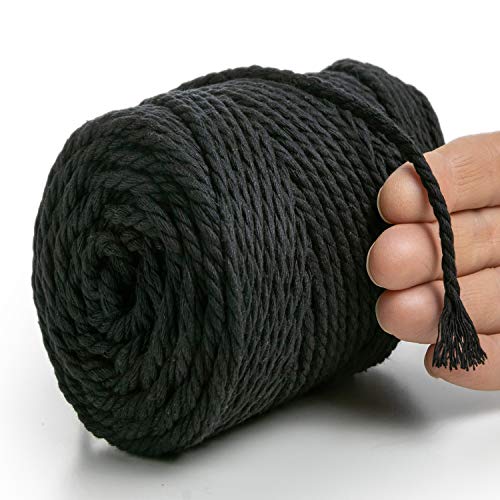 MeriWoolArt® Makramee Garn 4mm 75m Schwarz, Baumwollgarn Kordel, Dicke Macrame Cord für Makramee Wandbehang, Blumenampel, Vorhang und Mehr DIY Deco (Schwarz, 4mm x 75m) von MERIWOOLART