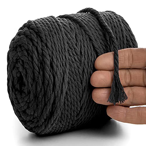 MeriWoolArt® Makramee Garn 6mm 100m Schwarz, Baumwollgarn Kordel, Dicke Macrame Cord für Makramee Wandbehang, Blumenampel, Vorhang und Mehr DIY Deco (Schwarz, 6mm x 100m) von MERIWOOLART