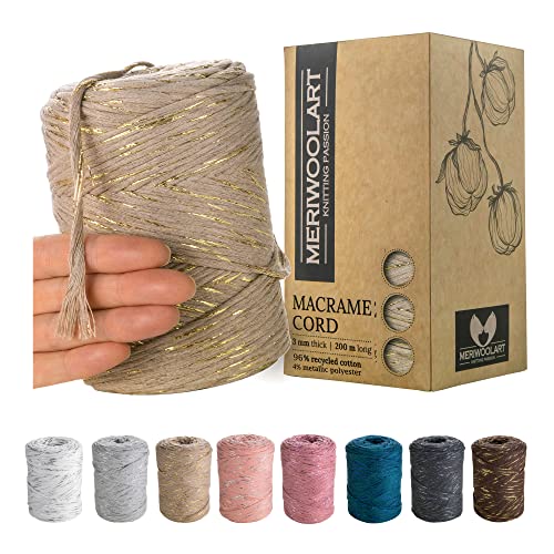 MeriWoolArt® Makramee Garn Beige - Makramee Garn 3mm farbig 200m - Super weiches Garn, einfach gedrehte Makramee Schnur - Öko-Tex 96% recyceltes Baumwollgarn farbig - DIY Boho Deko Makramee von MERIWOOLART