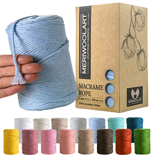 MeriWoolArt® Makramee Garn Blau - Makramee Garn 3mm farbig 200m - Super weiches Garn, einfach gedrehte Makramee Schnur - Öko-Tex 100% recyceltes Baumwollgarn farbig - DIY Boho Deko Makramee von MERIWOOLART