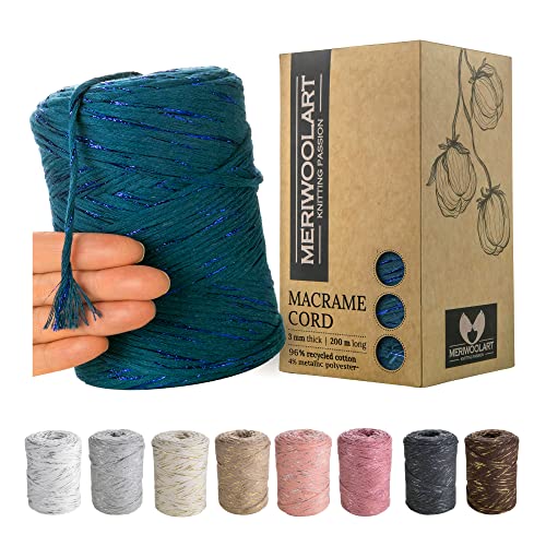 MeriWoolArt® Makramee Garn Blau - Makramee Garn 3mm farbig 200m - Super weiches Garn, einfach gedrehte Makramee Schnur - Öko-Tex 96% recyceltes Baumwollgarn farbig - DIY Boho Deko Makramee von MERIWOOLART