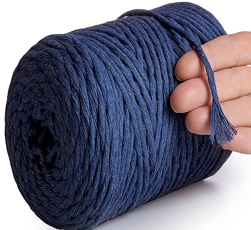 MeriWoolArt® Makramee Garn Dunkelblau - Makramee Garn 4mm farbig 225m - Super weiches Baumwollgarn, einfach gedrehte Makramee Schnur für Makramee Wandbehang, Blumenampel, Vorhang und Mehr DIY Deco von MERIWOOLART