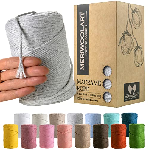 MeriWoolArt® Makramee Garn Grau - Makramee Garn 3mm farbig 200m - Super weiches Garn, einfach gedrehte Makramee Schnur - Öko-Tex 100% recyceltes Baumwollgarn farbig - DIY Boho Deko Makramee von MERIWOOLART