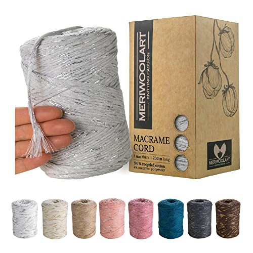 MeriWoolArt® Makramee Garn Grau - Makramee Garn 3mm farbig 200m - Super weiches Garn, einfach gedrehte Makramee Schnur - Öko-Tex 96% recyceltes Baumwollgarn farbig - DIY Boho Deko Makramee von MERIWOOLART