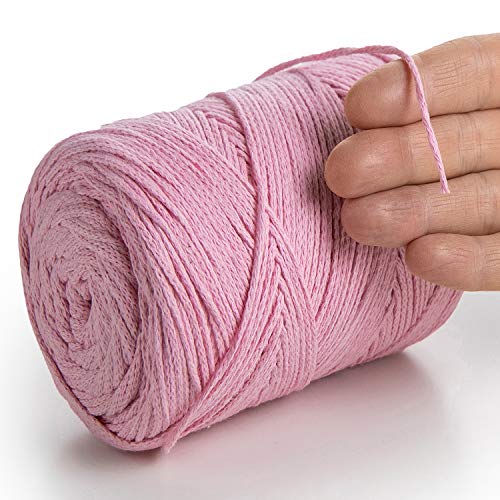 MeriWoolArt® Makramee Garn Hellpink 2 mm x 250 m Baumwollkordel, recyceltes weiches Baumwollgarn für das Stricken von Pflanzenhängern, Schmuckherstellung, Häkeltaschen von MERIWOOLART