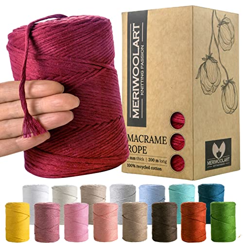 MeriWoolArt® Makramee Garn Rot - Makramee Garn 3mm farbig 200m - Super weiches Garn, einfach gedrehte Makramee Schnur - Öko-Tex 100% recyceltes Baumwollgarn farbig - DIY Boho Deko Makramee von MERIWOOLART