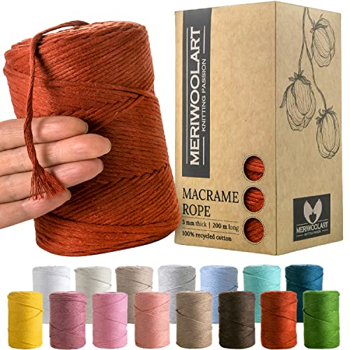 MeriWoolArt® Makramee Garn Rot - Makramee Garn 3mm farbig 200m - Super weiches Garn, einfach gedrehte Makramee Schnur - Öko-Tex 100% recyceltes Baumwollgarn farbig - DIY Boho Deko Makramee von MERIWOOLART