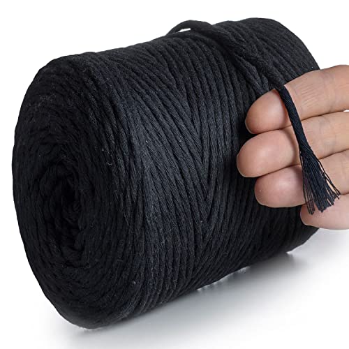 MeriWoolArt® Makramee Garn Schwarz - Makramee Garn 4mm farbig 225m - Super weiches Baumwollgarn, einfach gedrehte Makramee Schnur für Makramee Wandbehang, Blumenampel, Vorhang und Mehr DIY Deco von MERIWOOLART