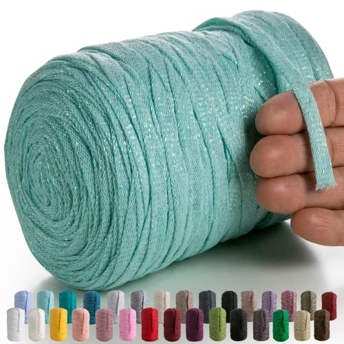 MeriWoolArt® Makramee Textilgarn zum Häkeln und Stricken - DIY glitzern flache T-Shirt Band Garn Dicke 10 mm, 125 m - Recyceltes Baumwollgarn mit Lurex, Viscose (Lurex Aqua) von MERIWOOLART