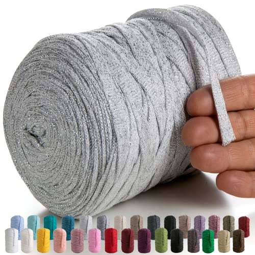 MeriWoolArt® Makramee Textilgarn zum Häkeln und Stricken - DIY glitzern flache T-Shirt Band Garn Dicke 10 mm, 125 m - Recyceltes Baumwollgarn mit Lurex, Viscose (Lurex Asche) von MERIWOOLART