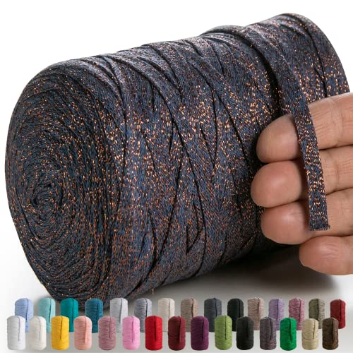 MeriWoolArt® Makramee Textilgarn zum Häkeln und Stricken - DIY glitzern flache T-Shirt Band Garn Dicke 10 mm, 125 m - Recyceltes Baumwollgarn mit Lurex, Viscose (Lurex Blau) von MERIWOOLART