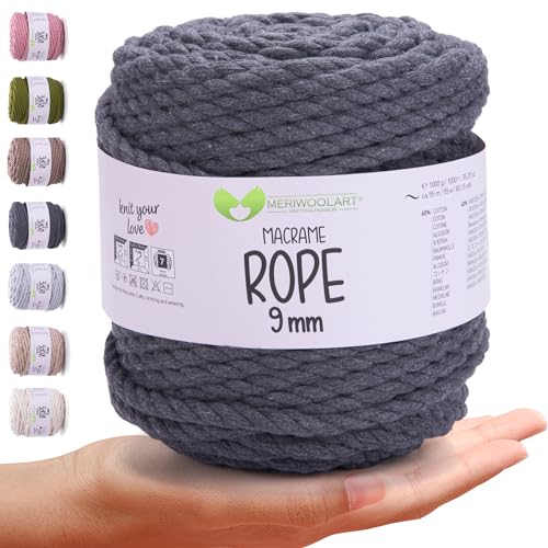 MeriWoolArt® Premium Makramee Garn 9 mm x 10m (Graphit), Baumwollgarn Kordel, Dicke Makramee Seil für Wandbehang, Blumenampel, Vorhang und Mehr DIY Handwerk von MERIWOOLART