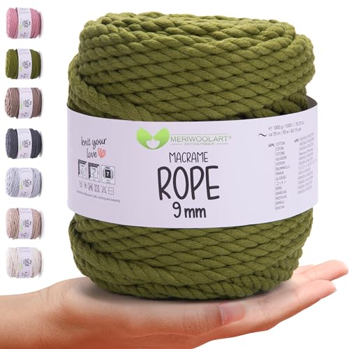 MeriWoolArt® Premium Makramee Garn 9 mm x 10m (Salbei), Baumwollgarn Kordel, Dicke Makramee Seil für Wandbehang, Blumenampel, Vorhang und Mehr DIY Handwerk von MERIWOOLART