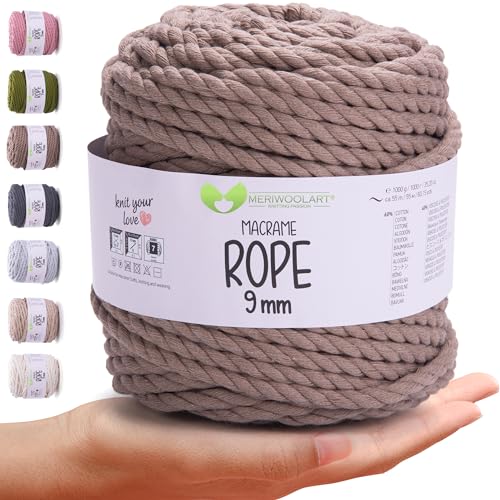 MeriWoolArt® Premium Makramee Garn 9 mm x 1m (Dunkelgrau), Baumwollgarn Kordel, Dicke Makramee Seil für Wandbehang, Blumenampel, Vorhang und Mehr DIY Handwerk von MERIWOOLART