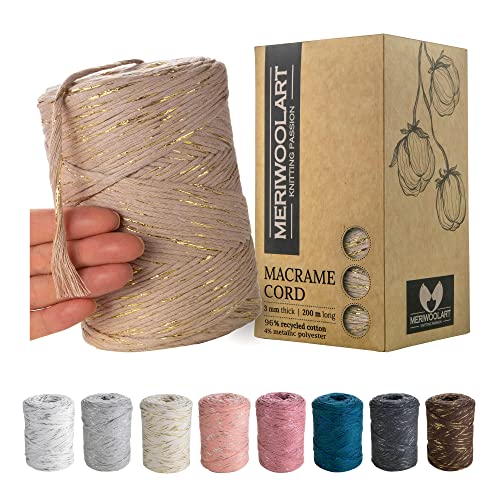 MeriWoolArt® Premium Makramee Garn Beige - Makramee Baumwollgarn 3mm x 200m - Super weiches Garn, einfach gedrehte Makramee Schnur - Öko-Tex 96% recyceltes Baumwolle für DIY Boho Deko Handwerk von MERIWOOLART