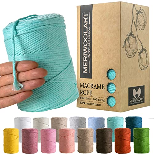 MeriWoolArt® Premium Makramee Garn Blau - Makramee Baumwollgarn 3mm x 200m - Super weiches Garn, einfach gedrehte Makramee Schnur - 100% Baumwolle für DIY Boho Deko Handwerk von MERIWOOLART